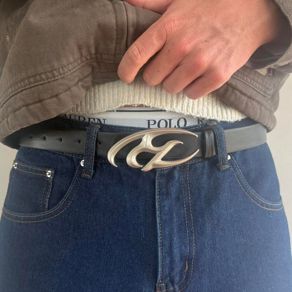 Y2K Silver and Black Leather Belt with Bold Design